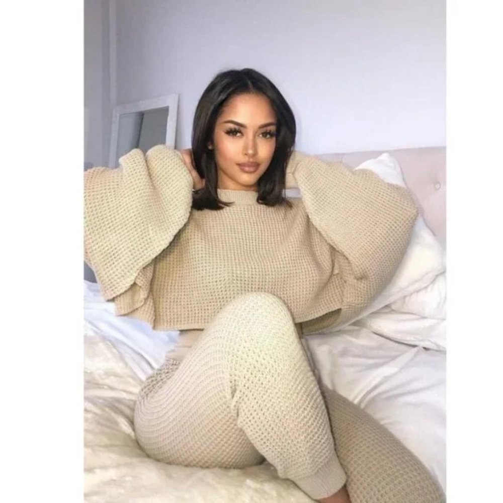 Beige Knitted Long Sleeve Sweater Crop Top and High Waist Pants Two Piece Set - Picture 8 of 17
